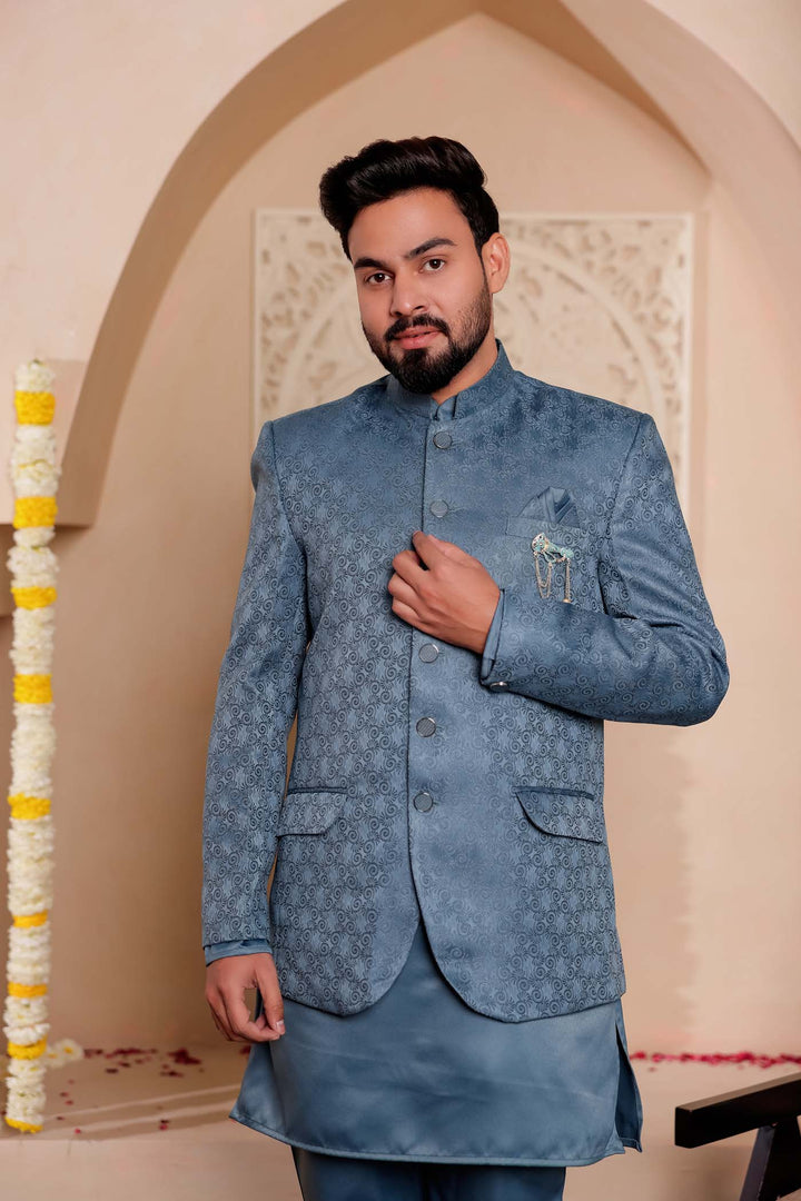Teal Brocade Silk Jodhpuri Suit with Kurta.