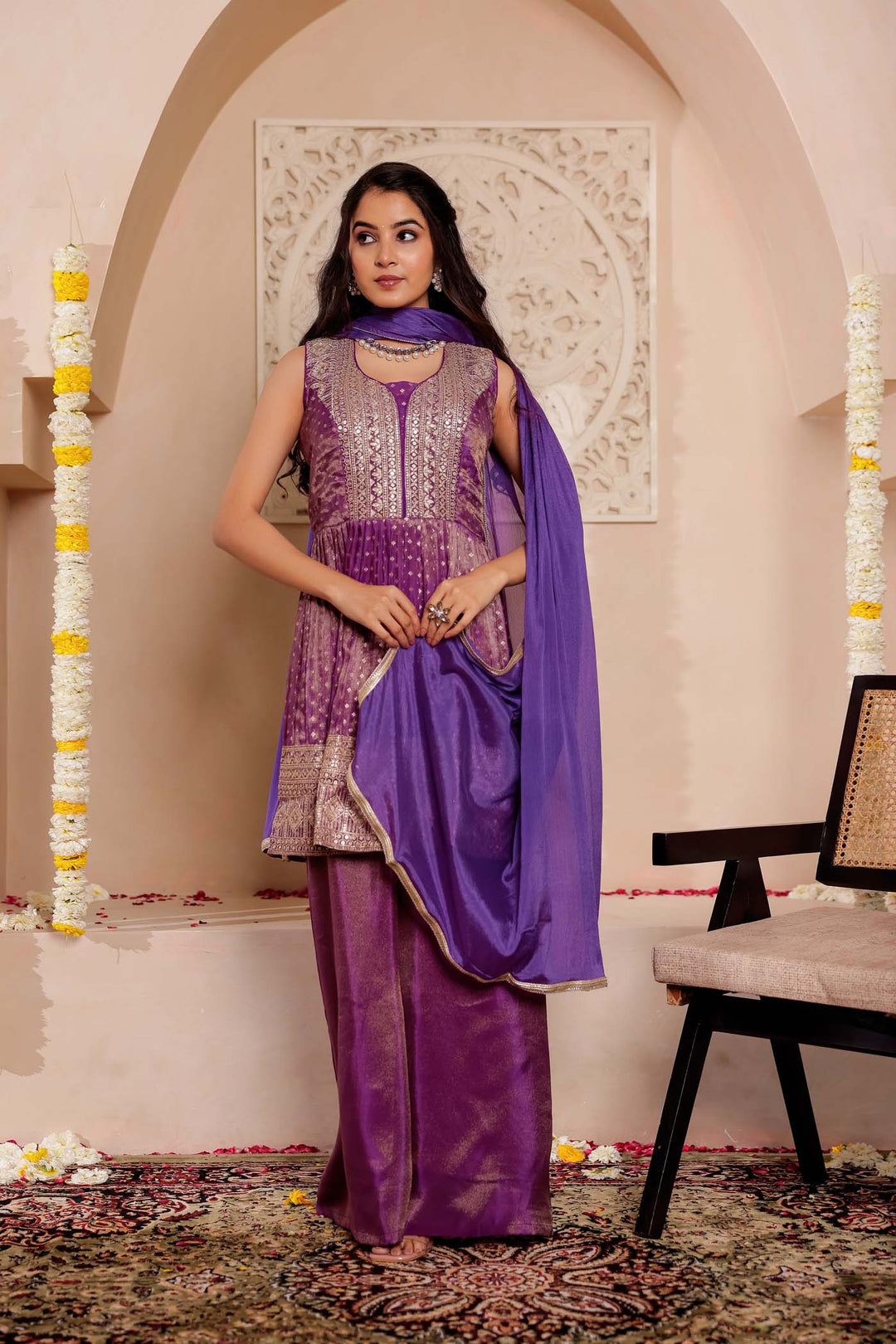 Purple Soft Tissue Butti Palazzo Suit.