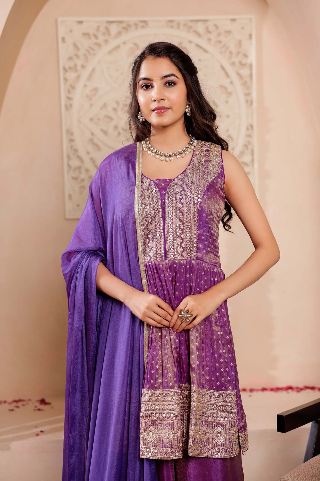 Purple Soft Tissue Butti Palazzo Suit.