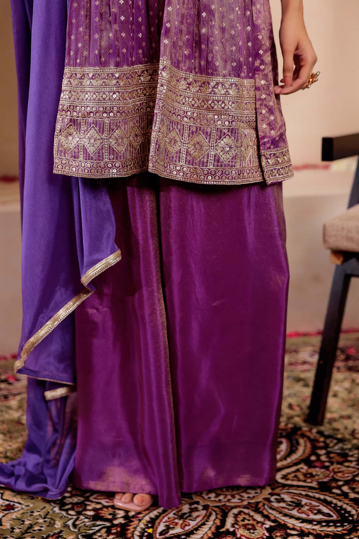 Purple Soft Tissue Butti Palazzo Suit.