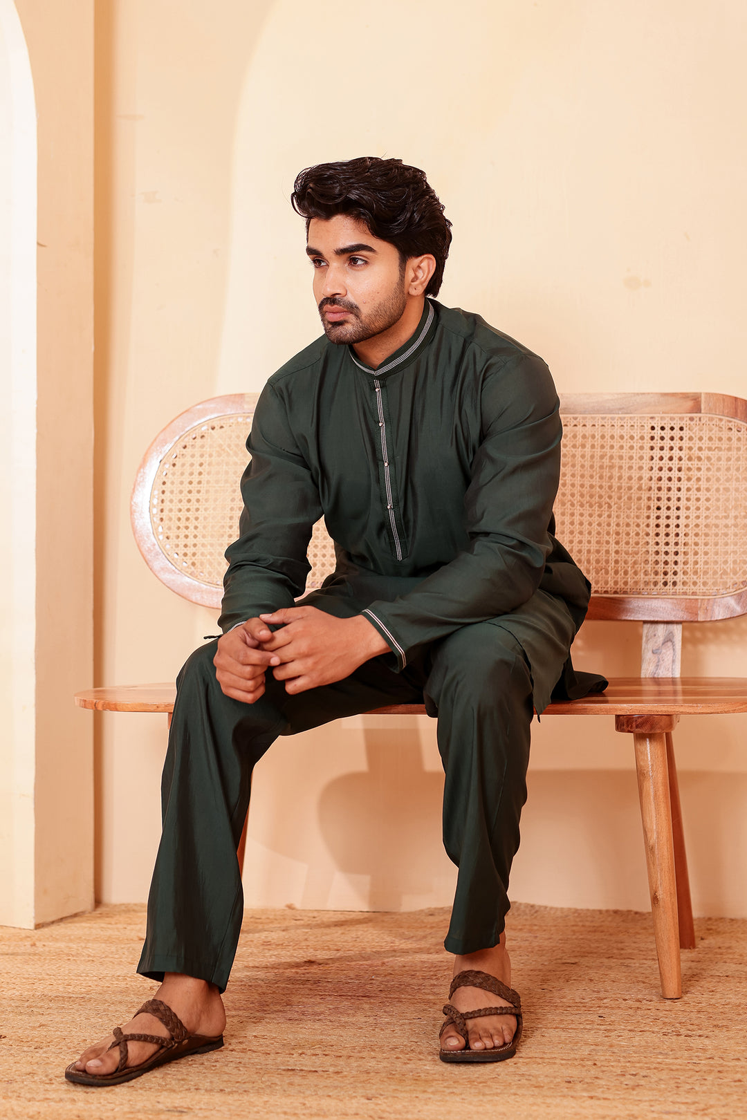 Bottle Green Soft Silk Plain Kurta Suit with Trouser
