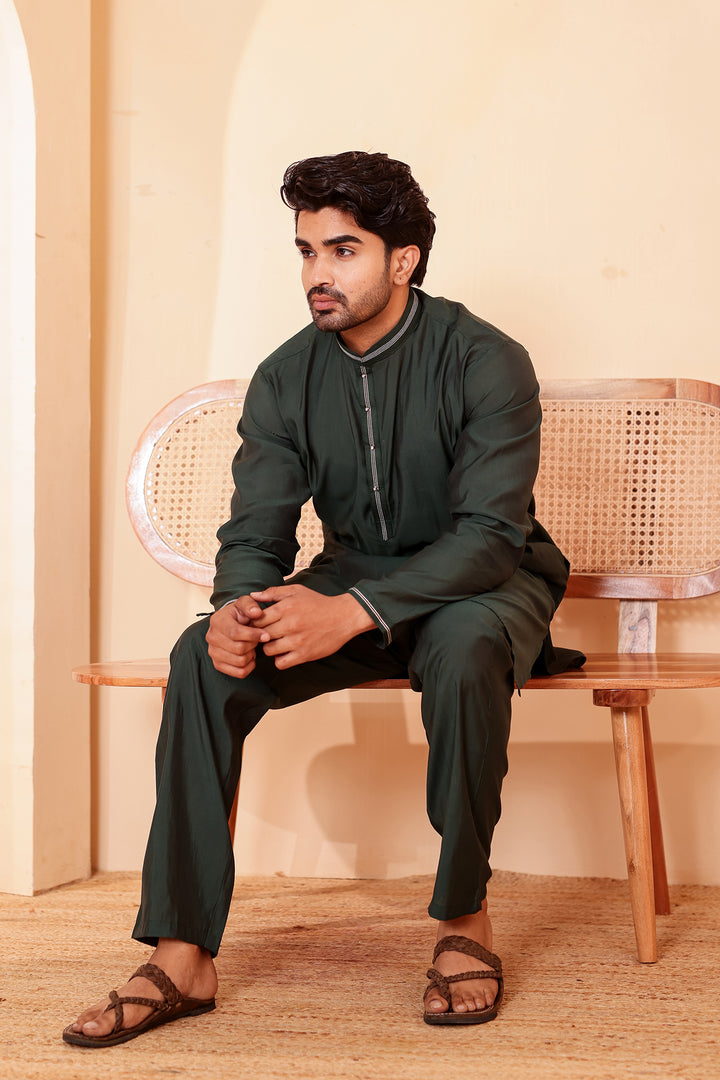 Bottle Green Soft Silk Plain Kurta Suit with Trouser