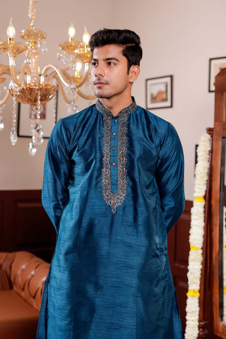 Midnight Blue Raw Silk Kurta Suit with Intricate Embroidery.