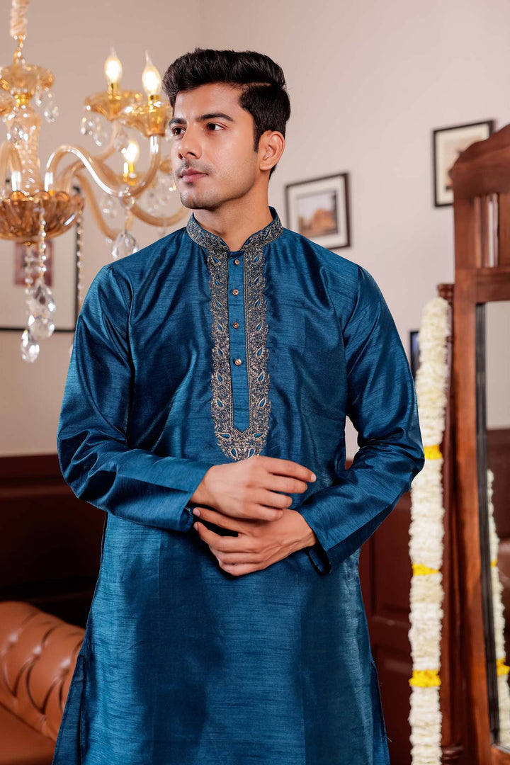 Midnight Blue Raw Silk Kurta Suit with Intricate Embroidery.