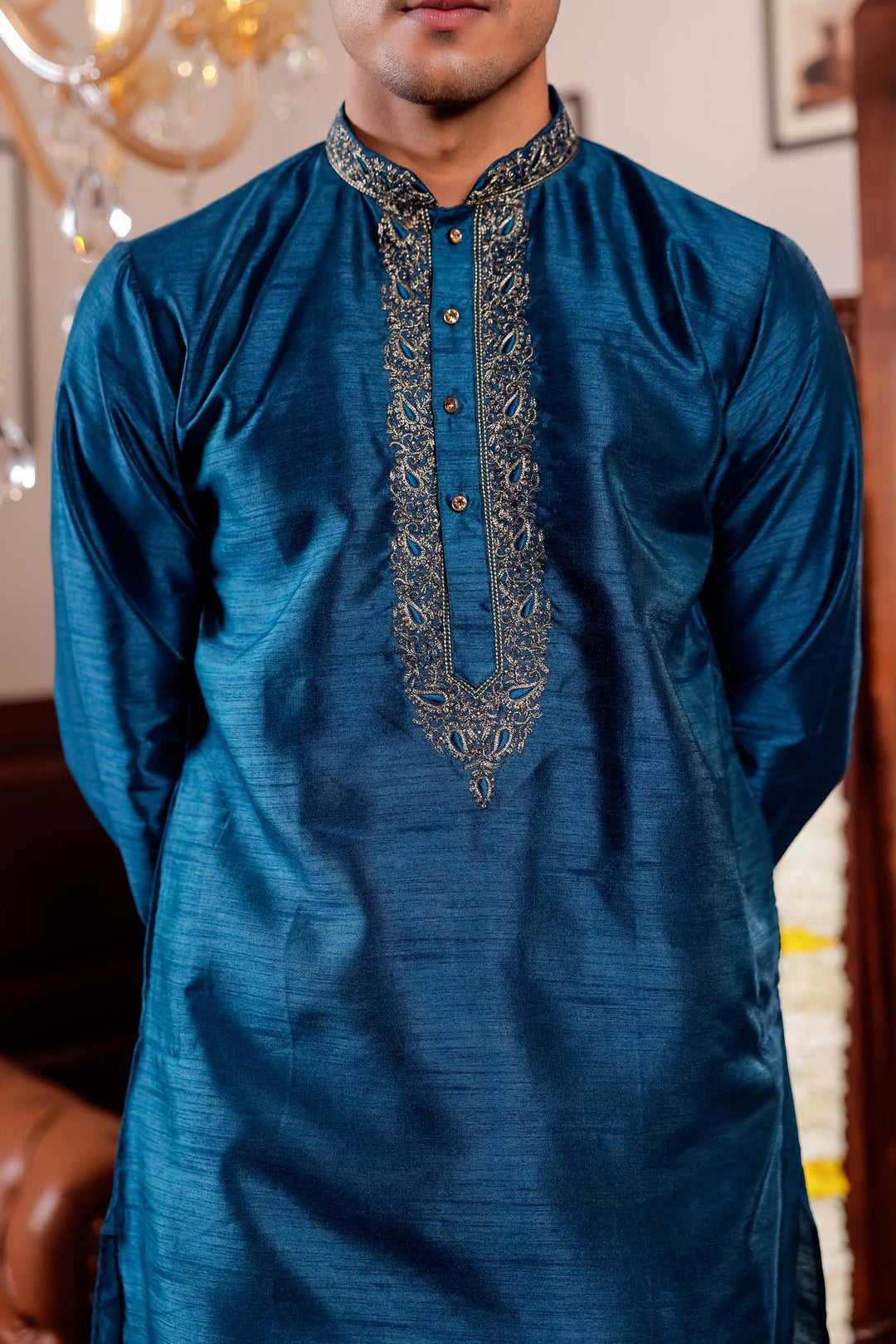 Midnight Blue Raw Silk Kurta Suit with Intricate Embroidery.