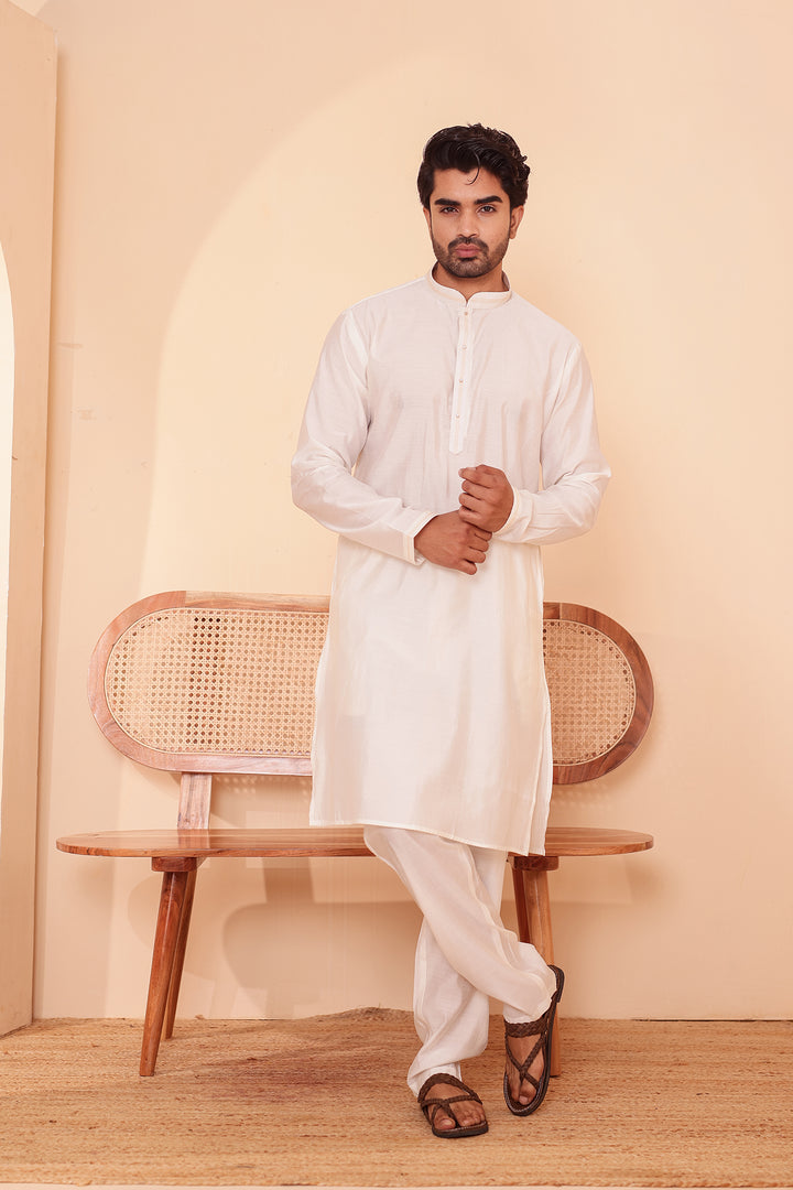 Cream Soft Silk Plain Kurta Suit with Trouser.
