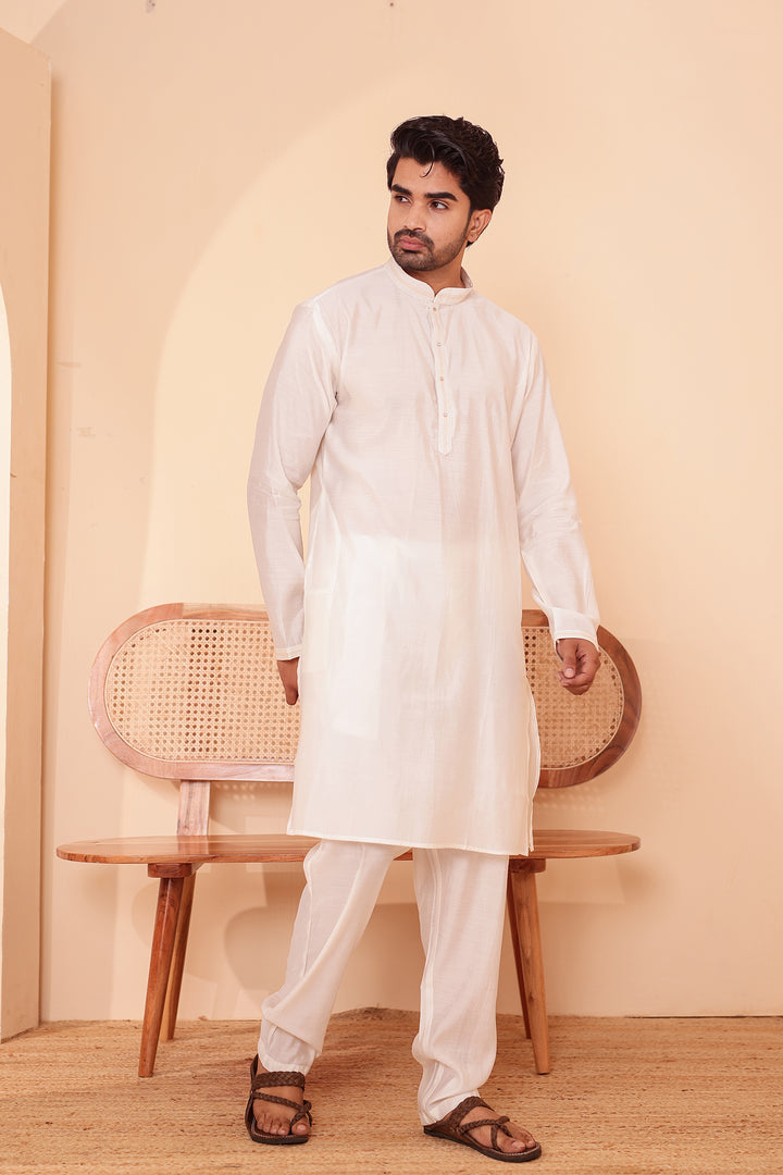 Cream Soft Silk Plain Kurta Suit with Trouser.