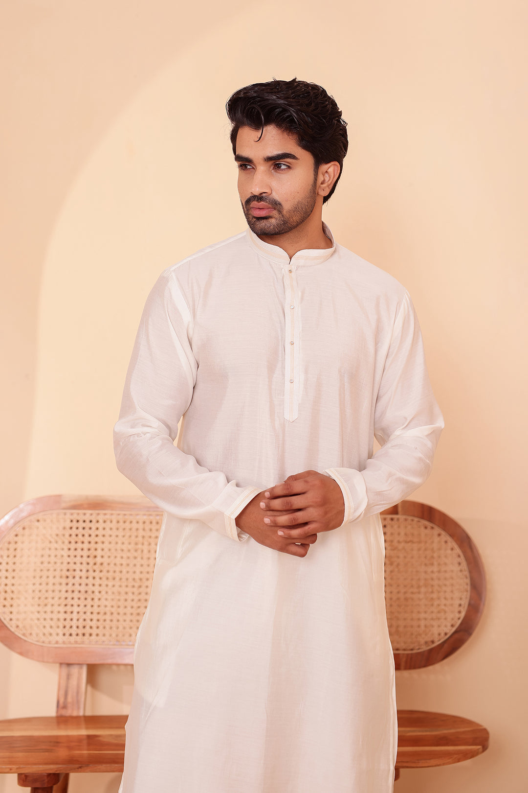 Cream Soft Silk Plain Kurta Suit with Trouser.