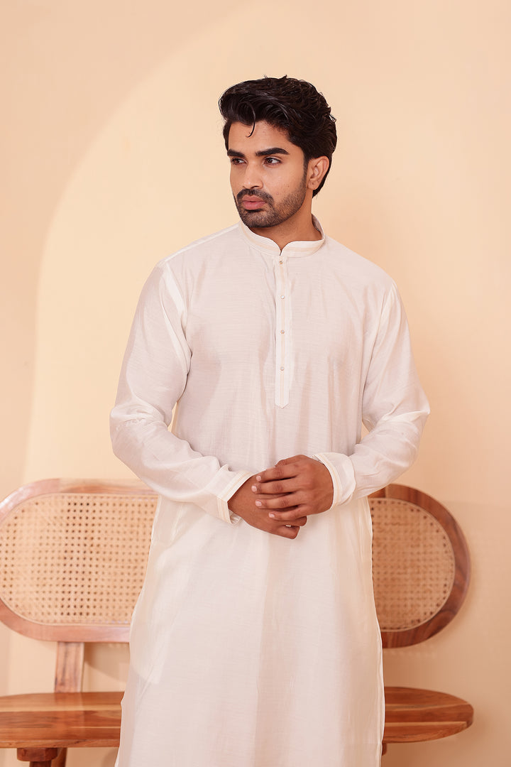 Cream Soft Silk Plain Kurta Suit with Trouser.