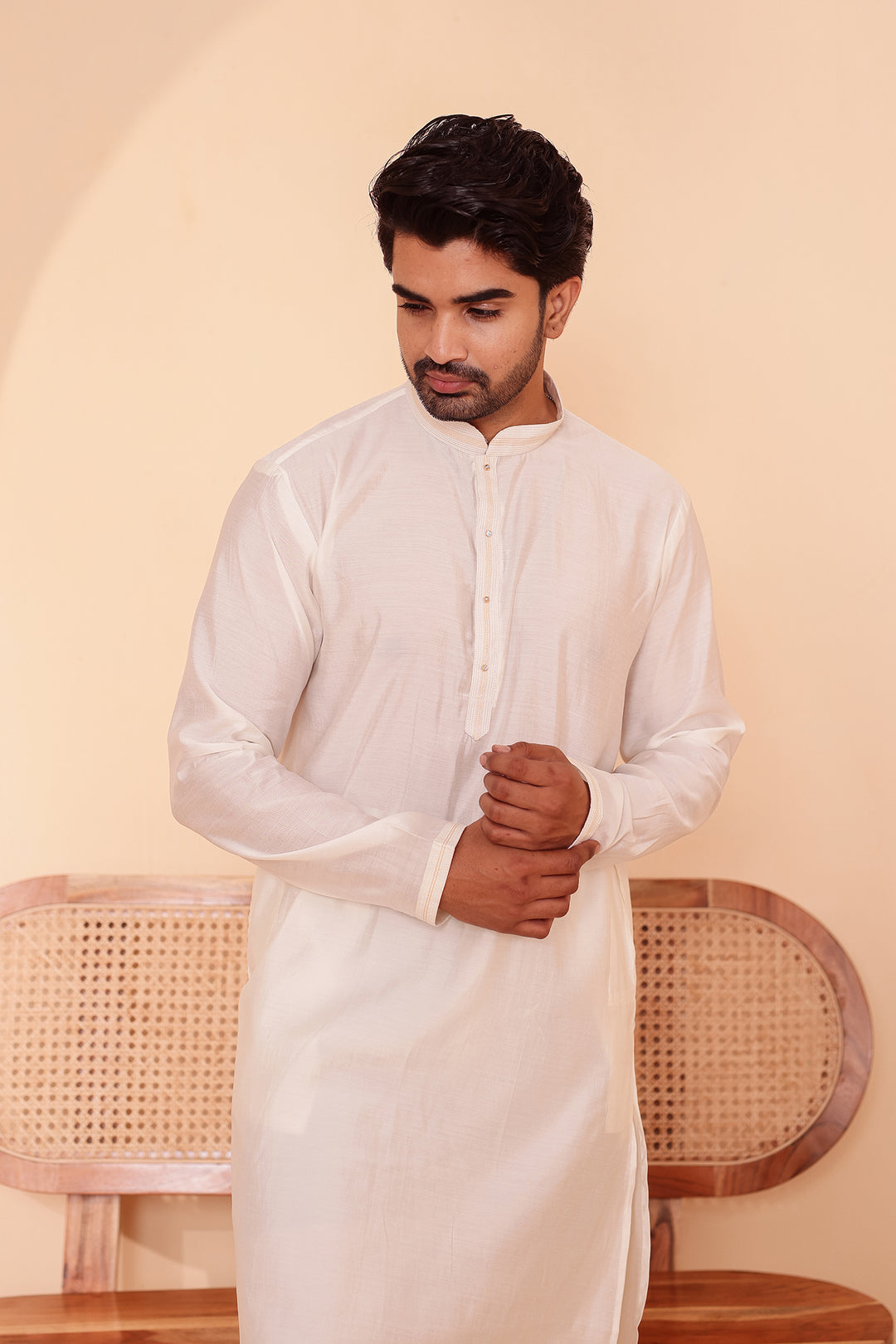 Cream Soft Silk Plain Kurta Suit with Trouser.