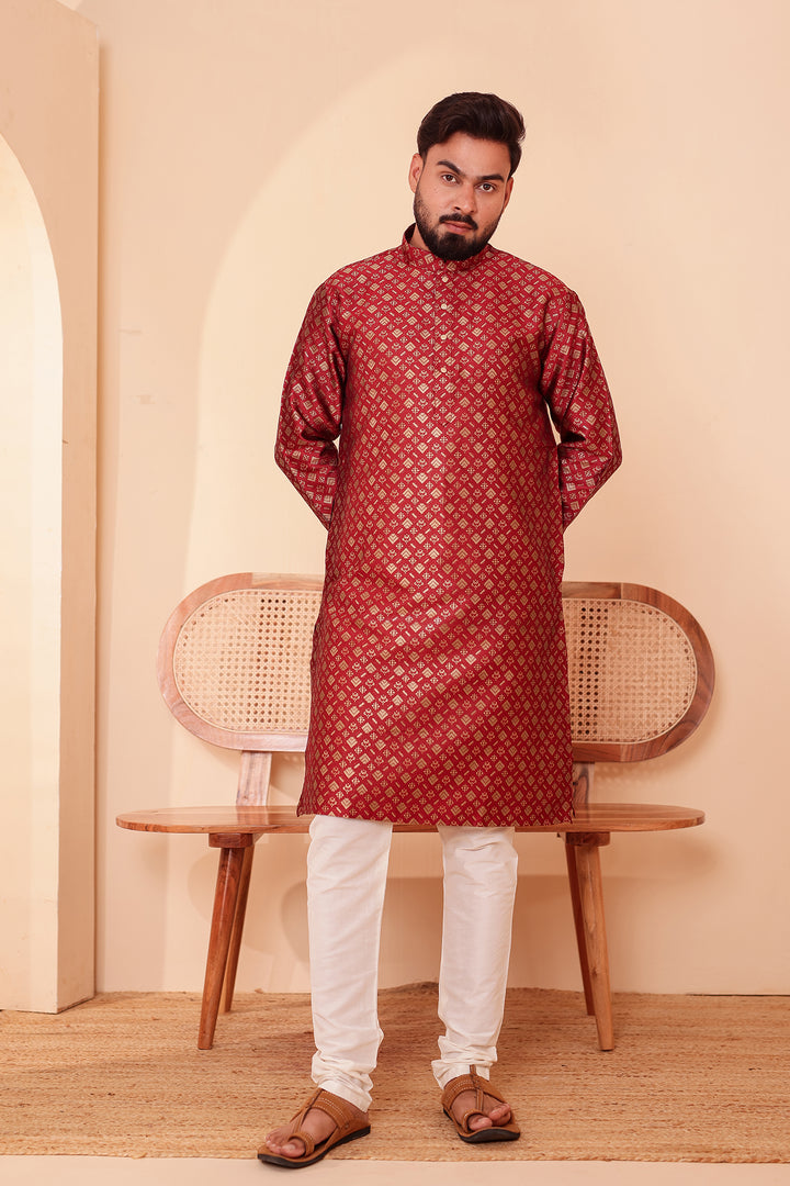 Maroon Brocade Silk Kurta Suit with Gold Zari Weave.