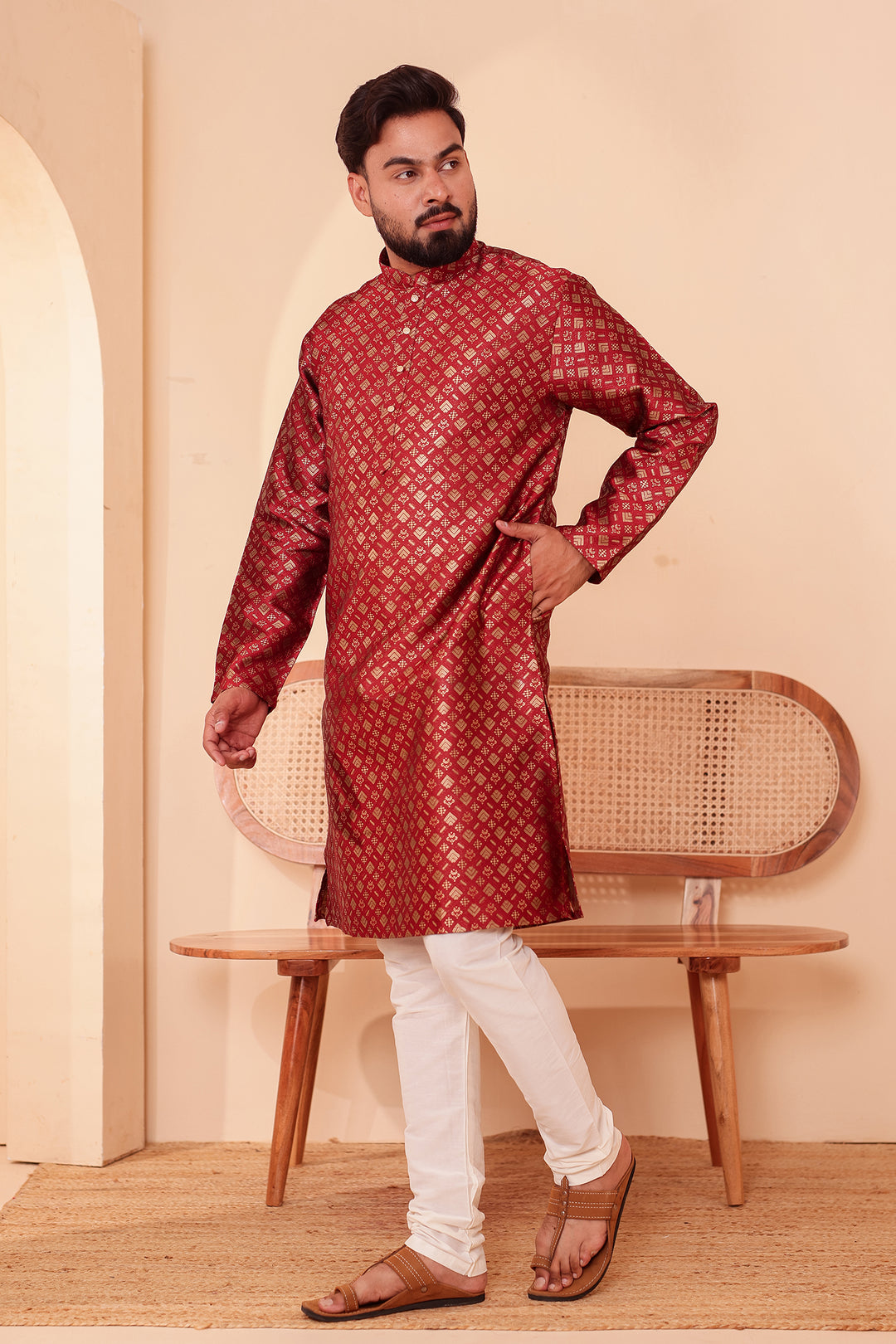 Maroon Brocade Silk Kurta Suit with Gold Zari Weave.
