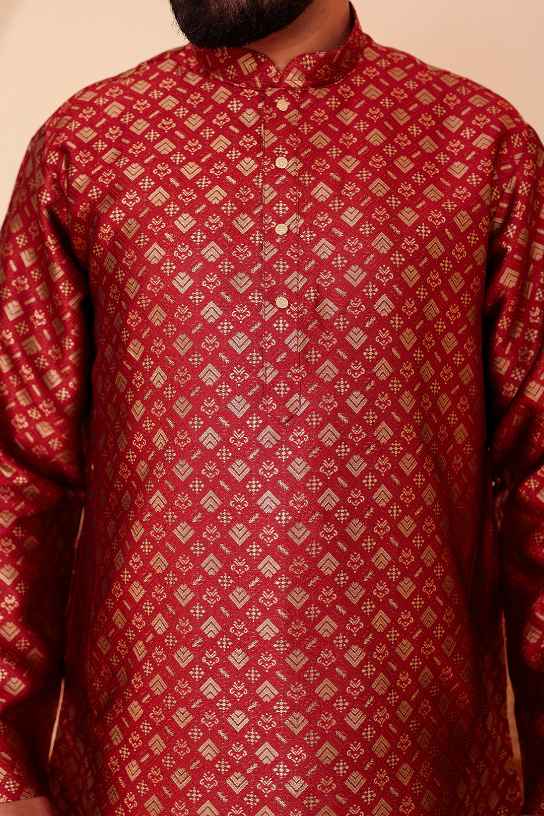 Maroon Brocade Silk Kurta Suit with Gold Zari Weave.