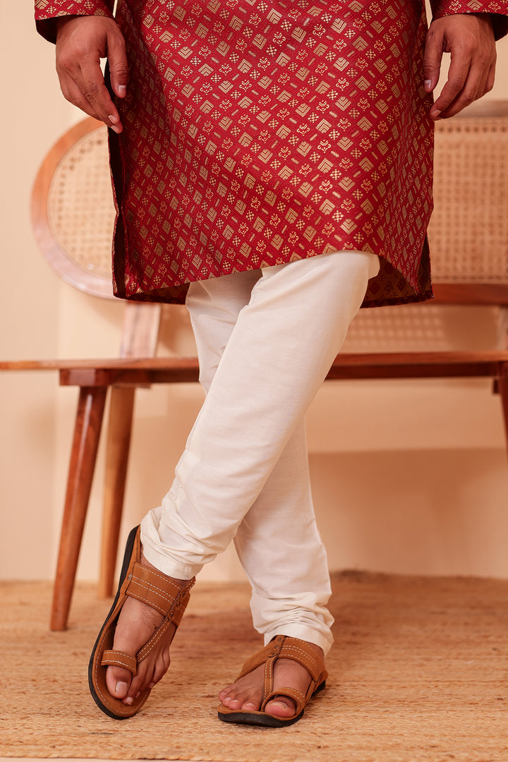 Maroon Brocade Silk Kurta Suit with Gold Zari Weave.