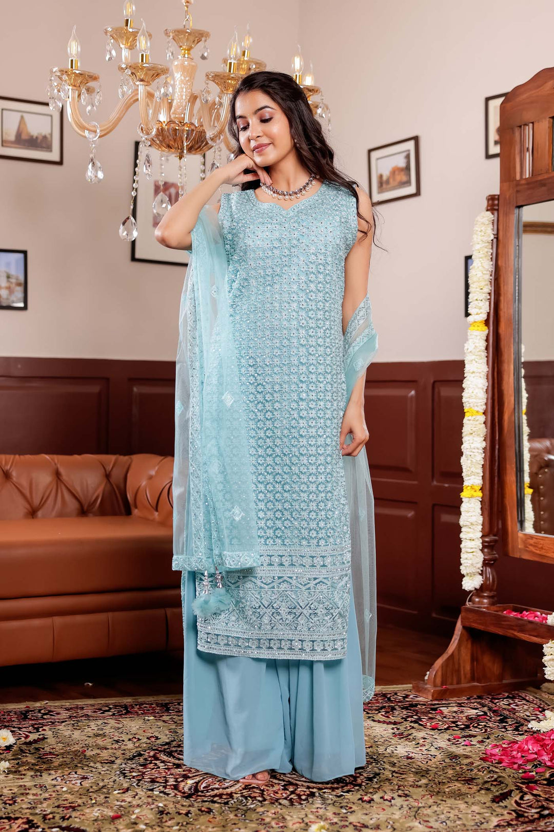 Light Blue Net Embroidery Palazzo Suit