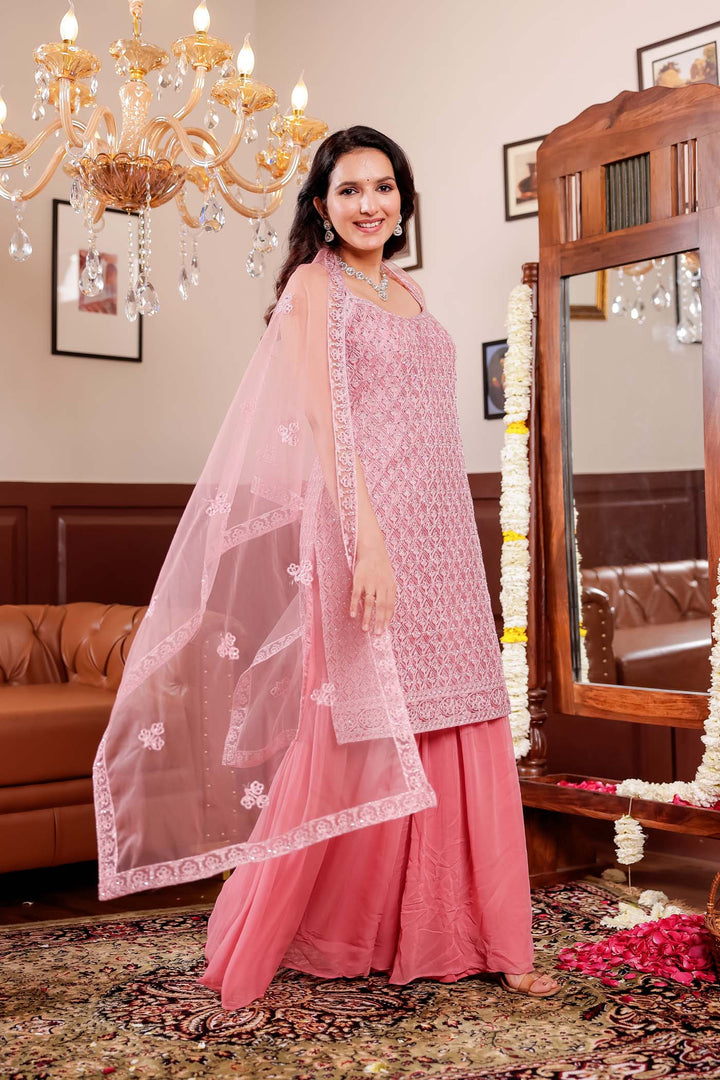 Pink Net Embroidered All Over Sharar Suit