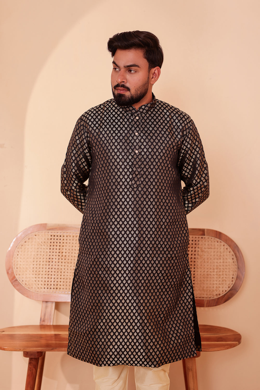 Black Brocade Silk Kurta Suit with Gold Zari Butti.