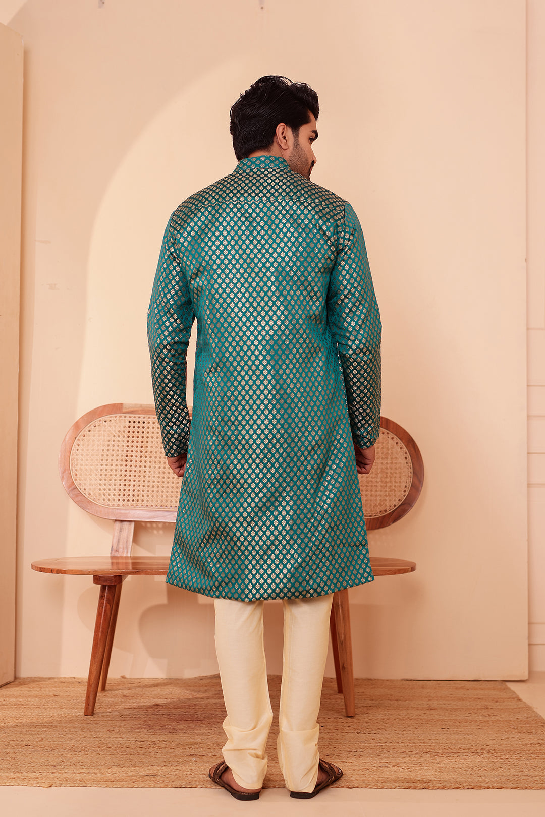 Rama Green Brocade Silk Kurta Suit.