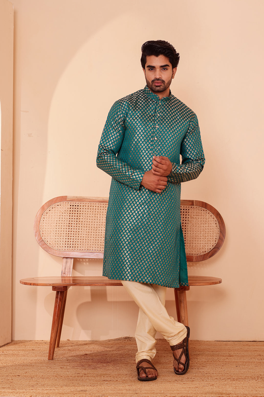Rama Green Brocade Silk Kurta Suit.