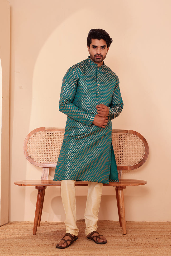 Rama Green Brocade Silk Kurta Suit.