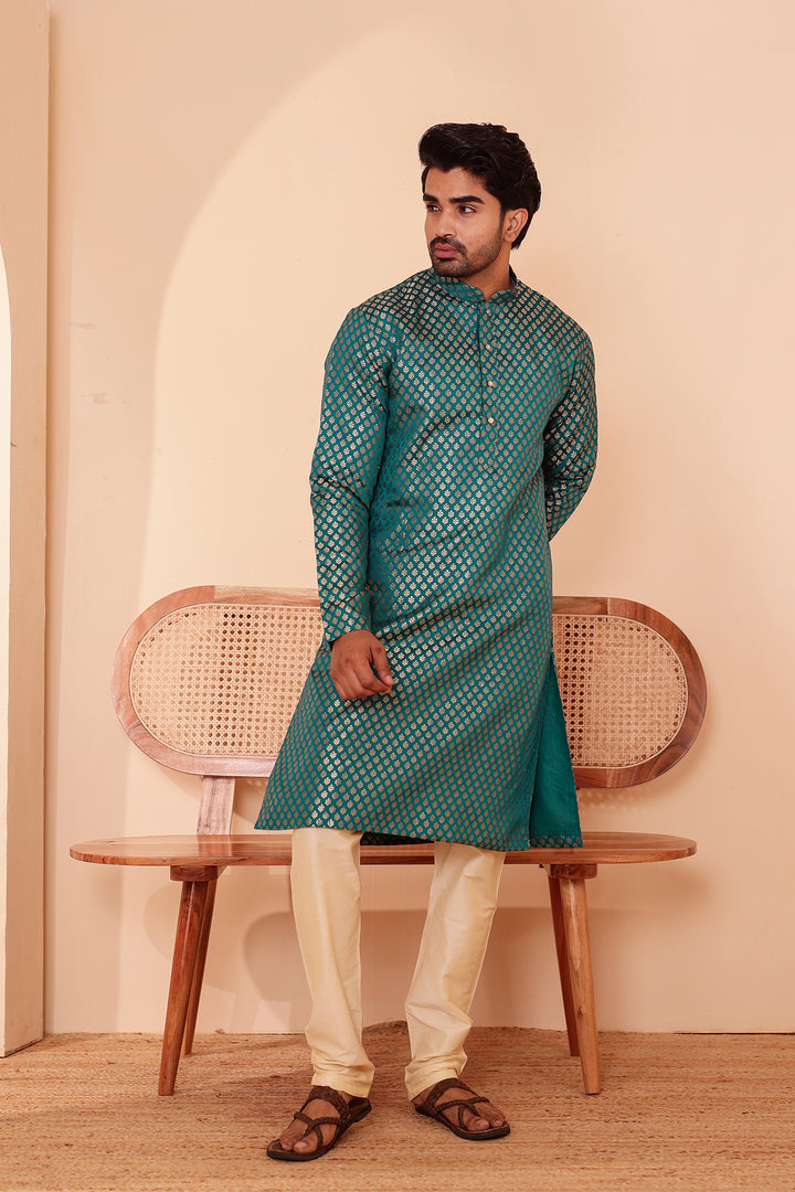 Rama Green Brocade Silk Kurta Suit.