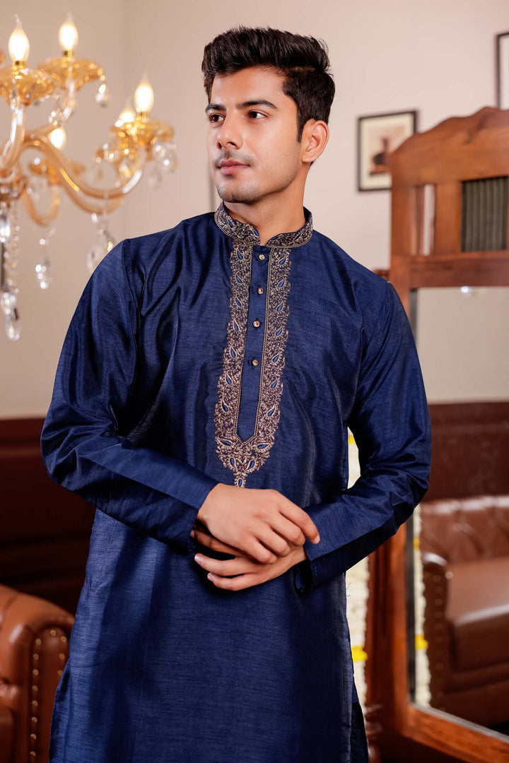 Navy Blue Raw Silk Kurta Suit with Intricate Embroidery.