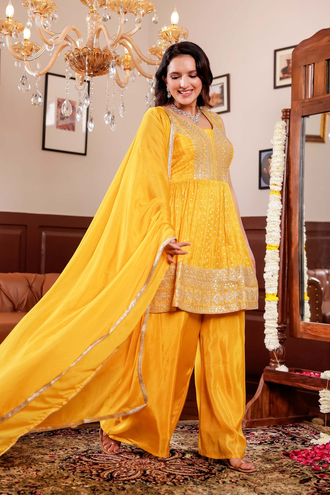 Yellow Soft Tissue Butti Palazzo Suit.