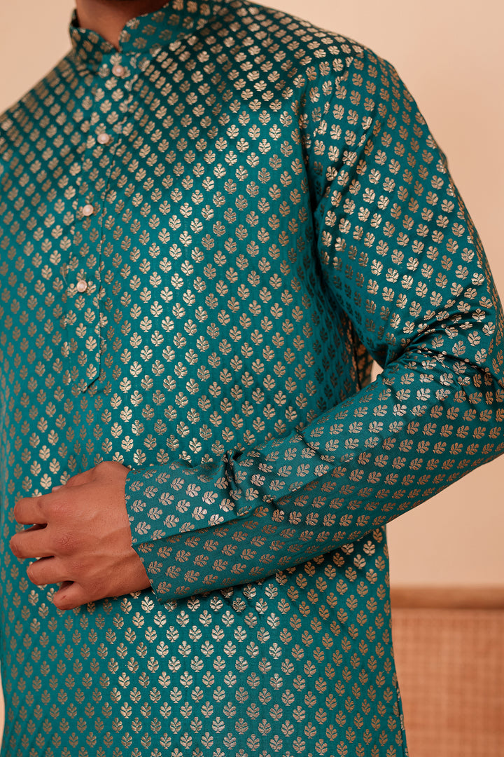 Rama Green Brocade Silk Kurta Suit.