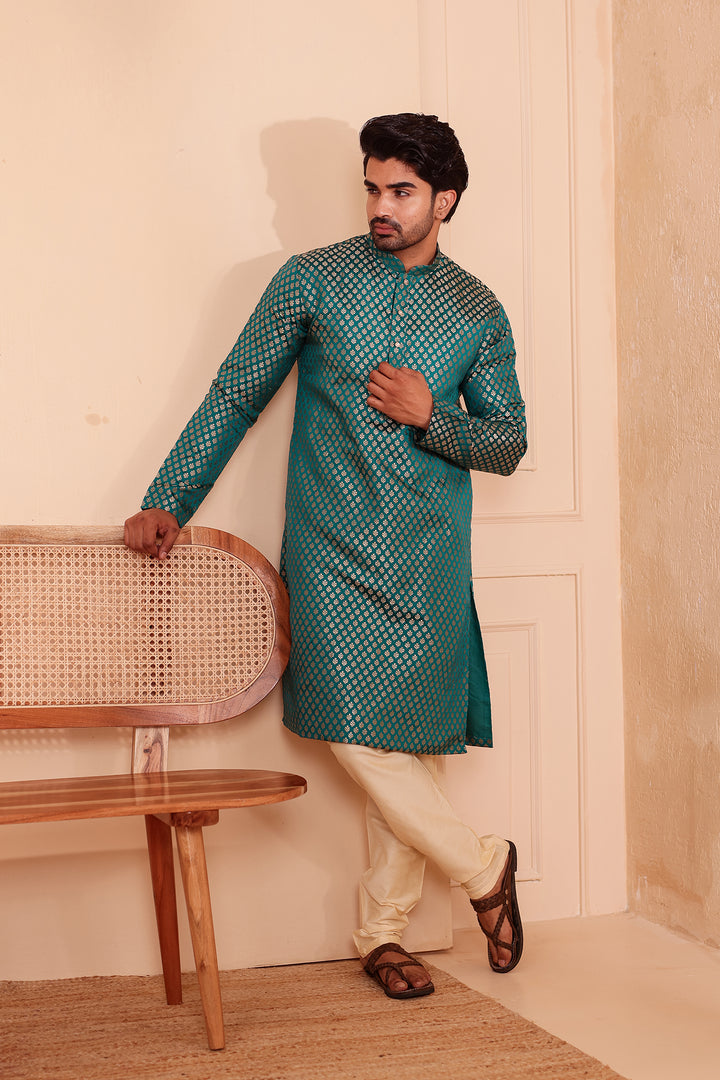 Rama Green Brocade Silk Kurta Suit.