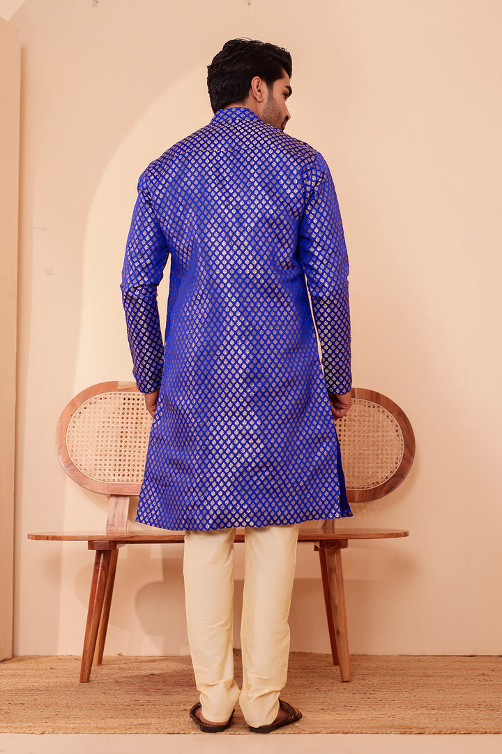 Royal Blue Brocade Silk Kurta Suit.