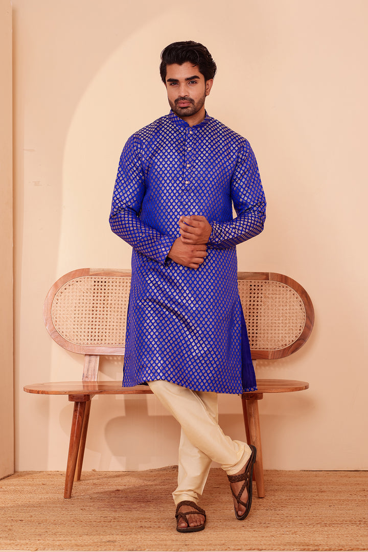 Royal Blue Brocade Silk Kurta Suit.