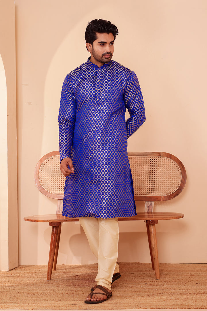 Royal Blue Brocade Silk Kurta Suit.