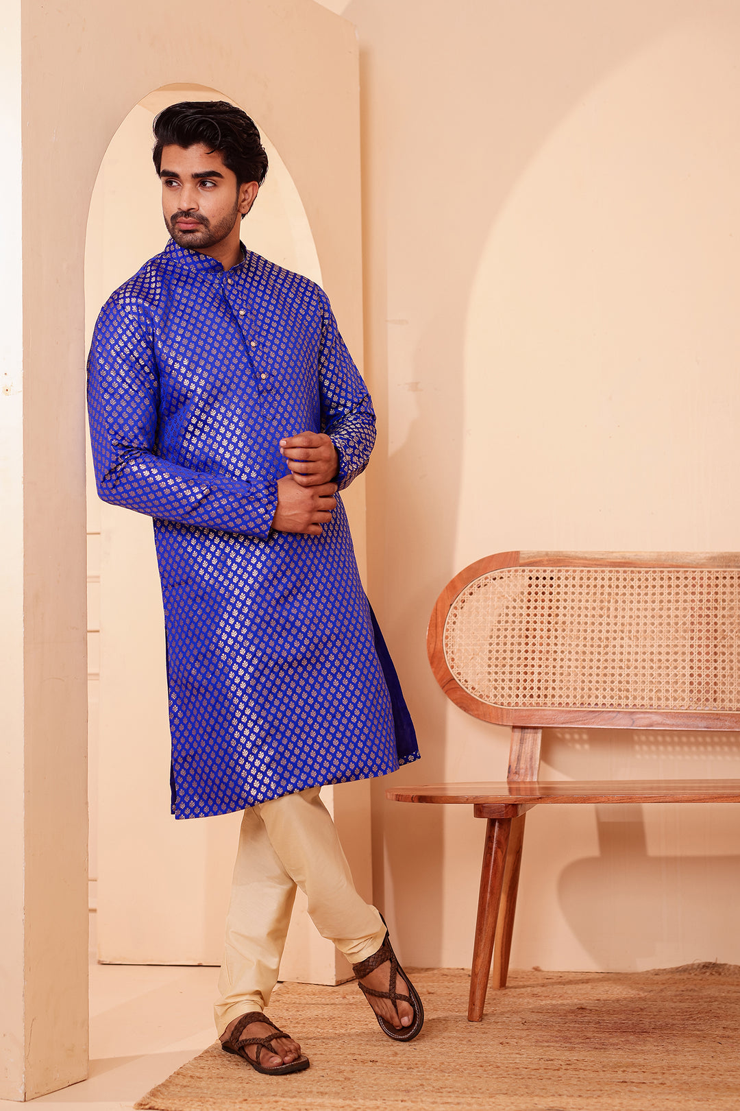 Royal Blue Brocade Silk Kurta Suit.