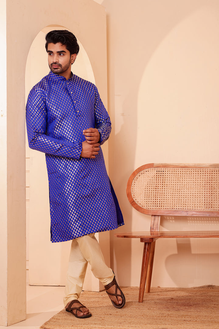 Royal Blue Brocade Silk Kurta Suit.