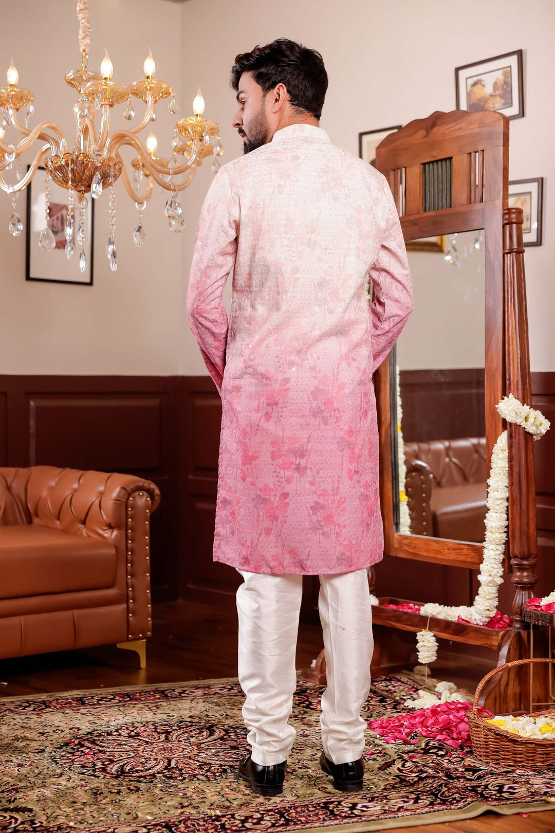 Beige Pink Shaded Digital Floral Print Kurta Suit.