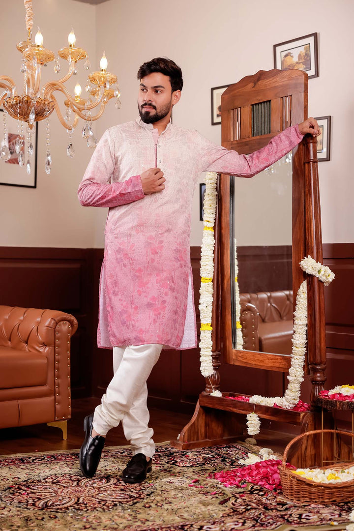 Beige Pink Shaded Digital Floral Print Kurta Suit.