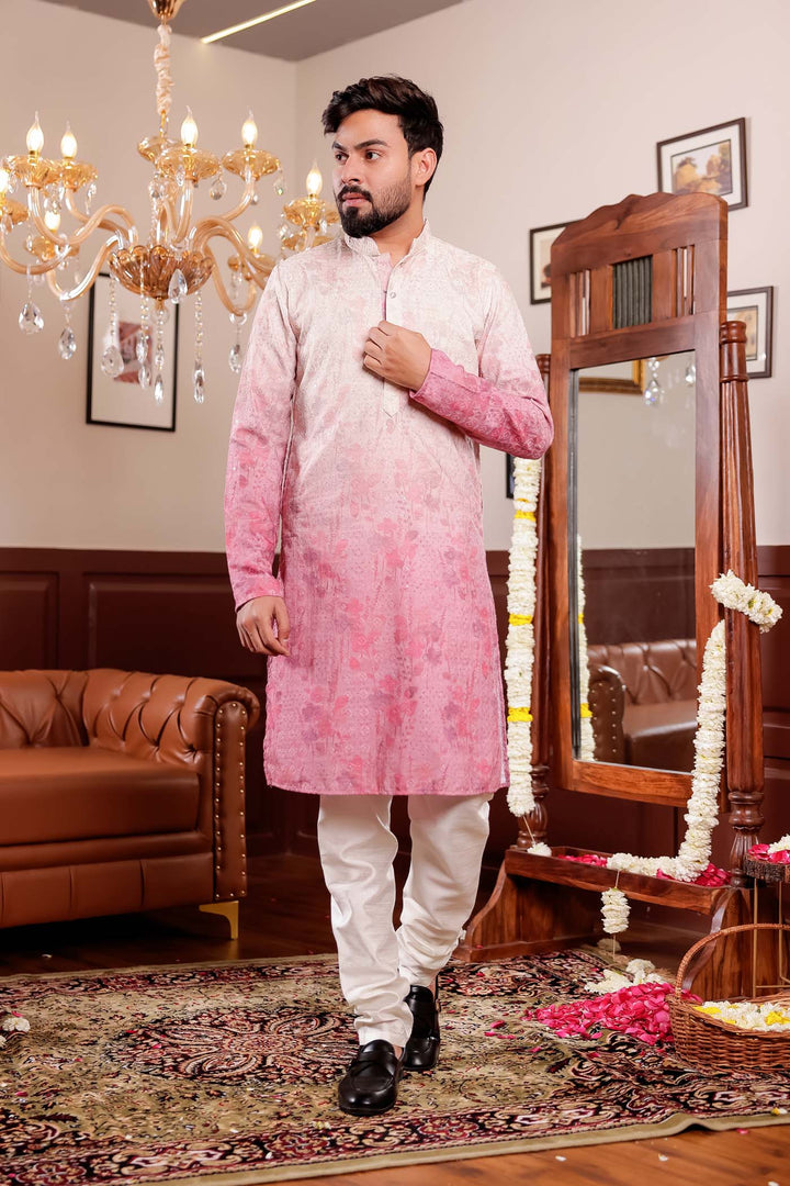 Beige Pink Shaded Digital Floral Print Kurta Suit.