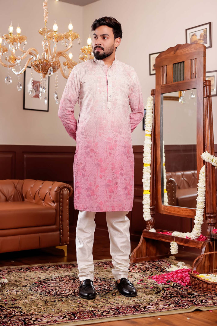 Beige Pink Shaded Digital Floral Print Kurta Suit.