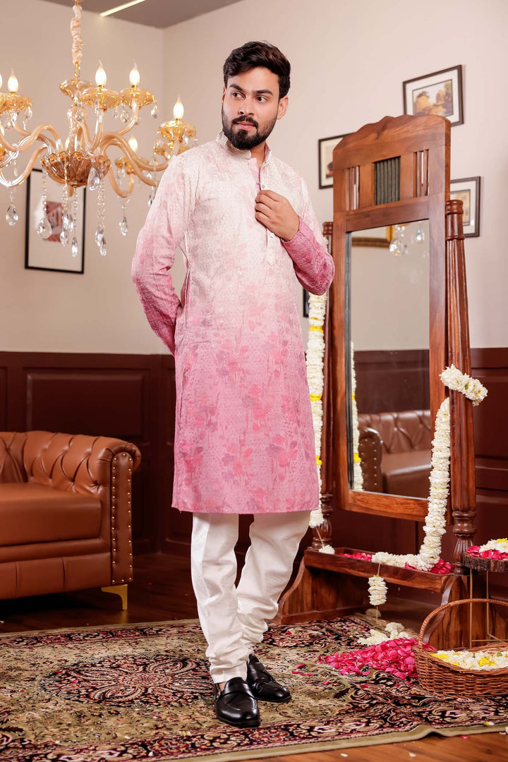 Beige Pink Shaded Digital Floral Print Kurta Suit.