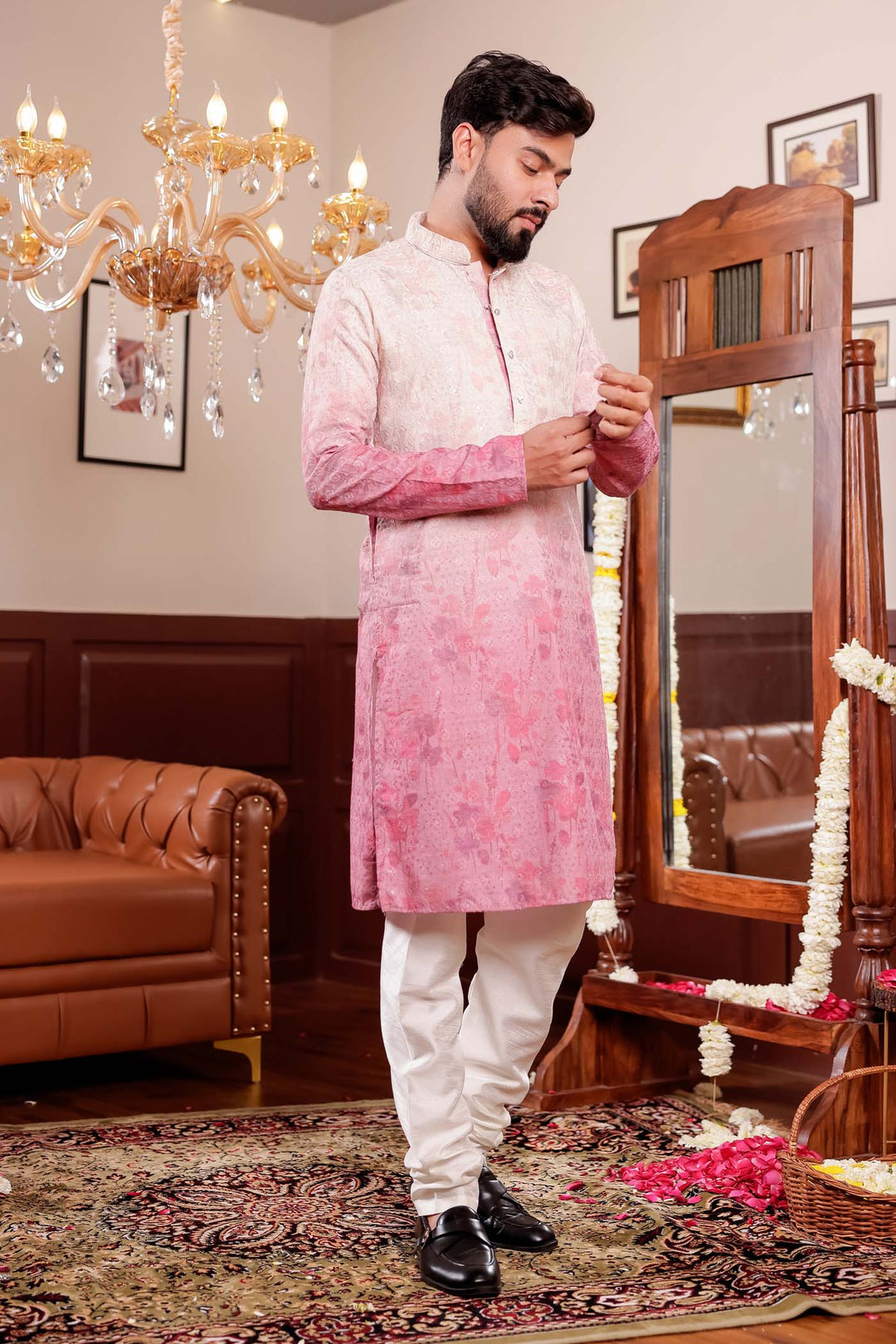 Beige Pink Shaded Digital Floral Print Kurta Suit.
