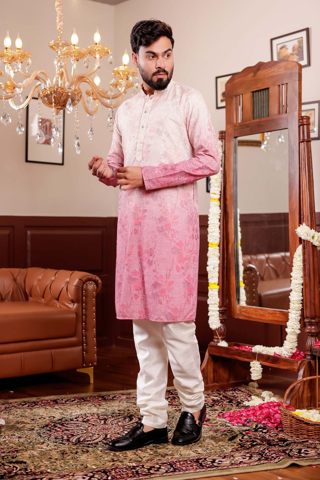 Beige Pink Shaded Digital Floral Print Kurta Suit.
