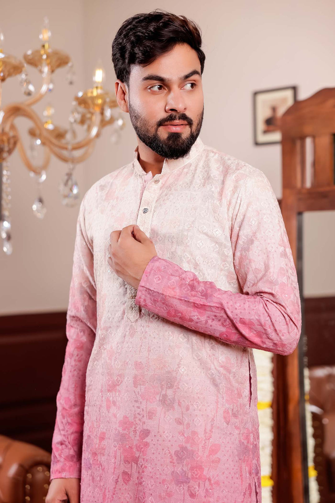 Beige Pink Shaded Digital Floral Print Kurta Suit.