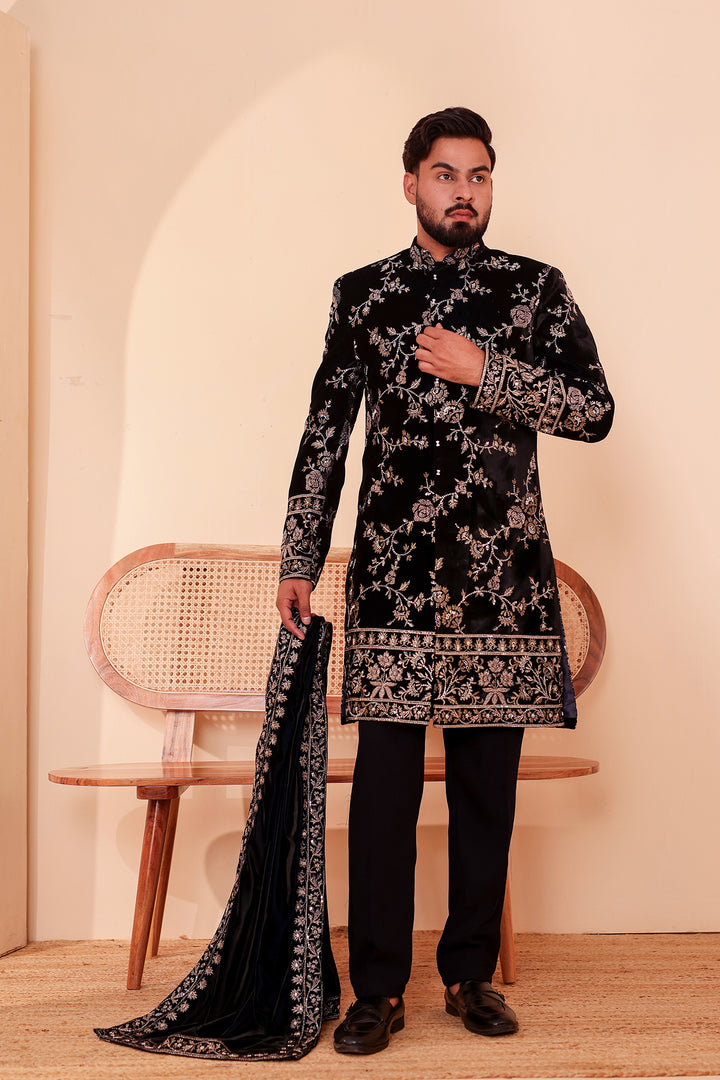 Navy Blue Velvet Indo-Western Suit Embroidered All Over.