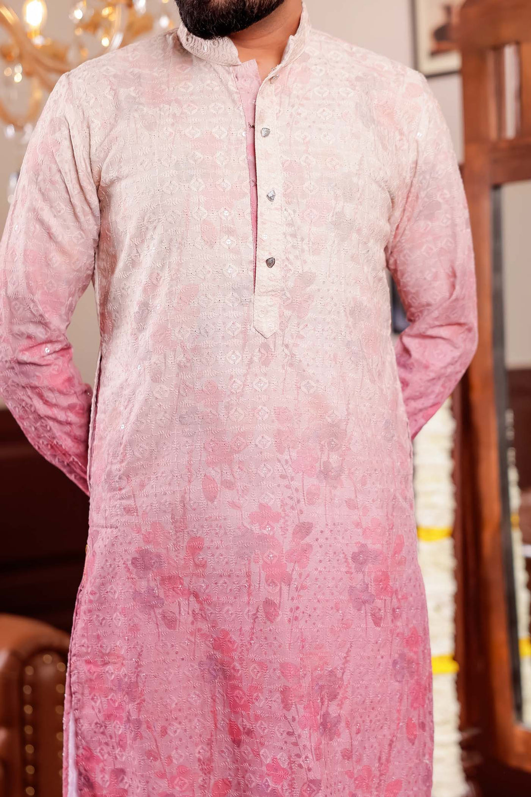 Beige Pink Shaded Digital Floral Print Kurta Suit.