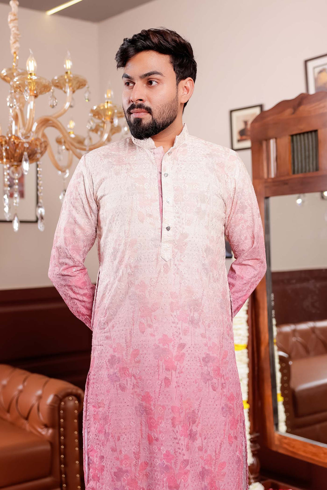Beige Pink Shaded Digital Floral Print Kurta Suit.
