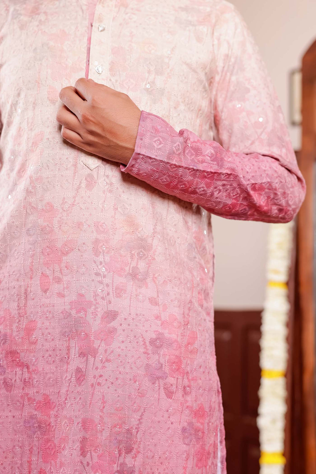 Beige Pink Shaded Digital Floral Print Kurta Suit.