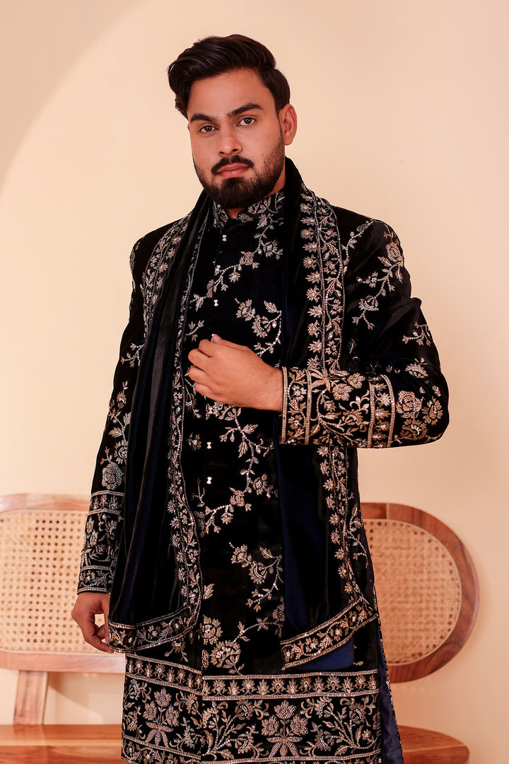 Navy Blue Velvet Indo-Western Suit Embroidered All Over.