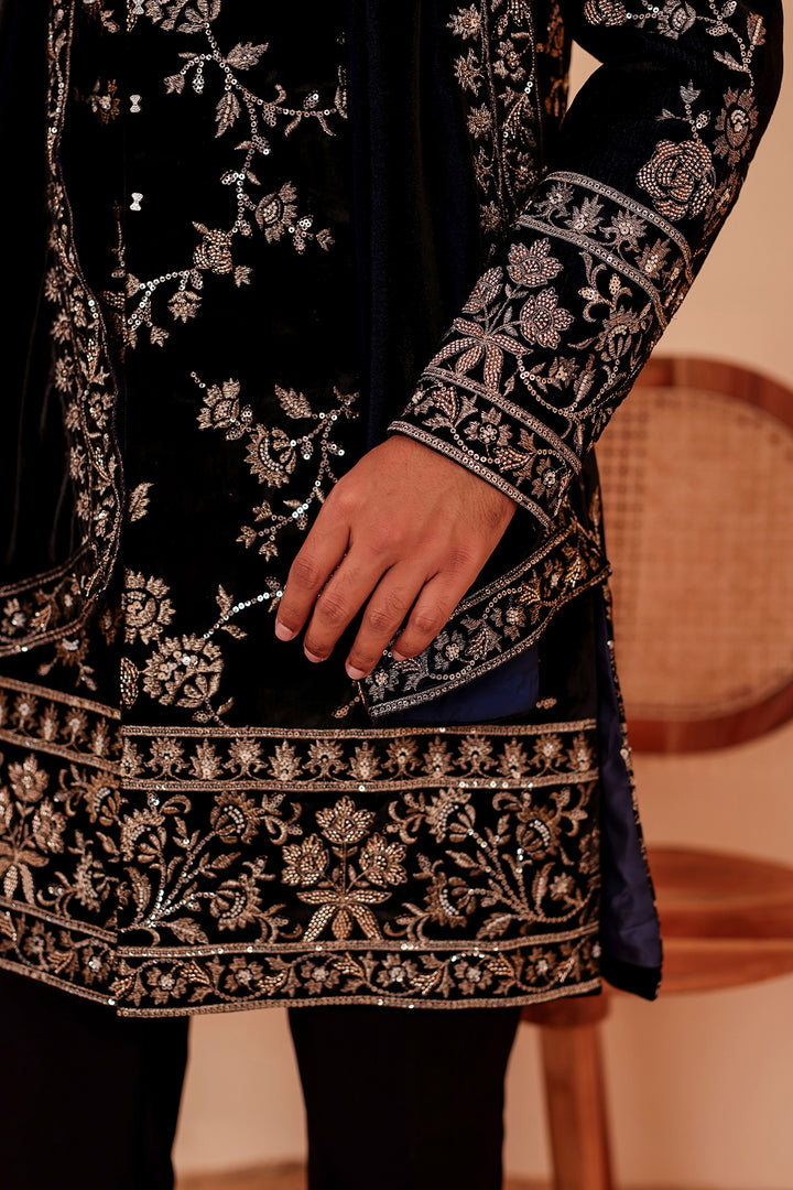 Navy Blue Velvet Indo-Western Suit Embroidered All Over.