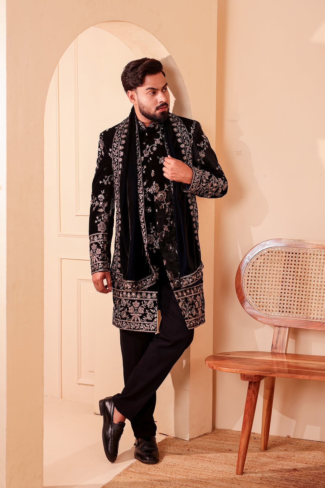 Navy Blue Velvet Indo-Western Suit Embroidered All Over.
