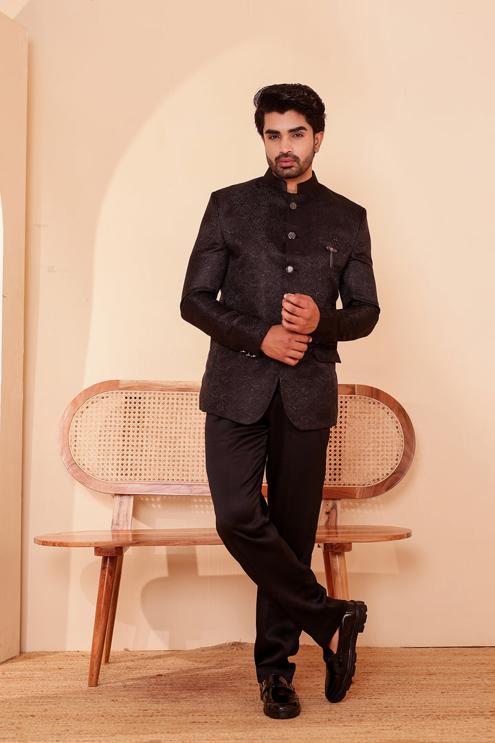 Black Paisley Patterned Jodhpuri Suit.